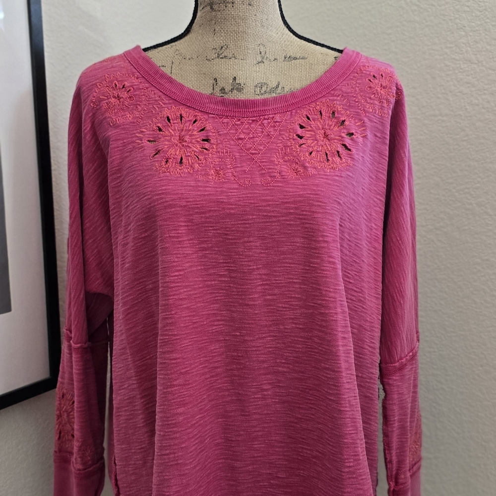 Free People Fuchsia Embroidered Sweatshirt